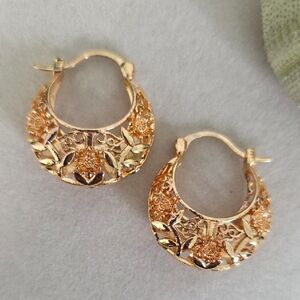 Gold Filled Basket Hoop Earrings Flower Design